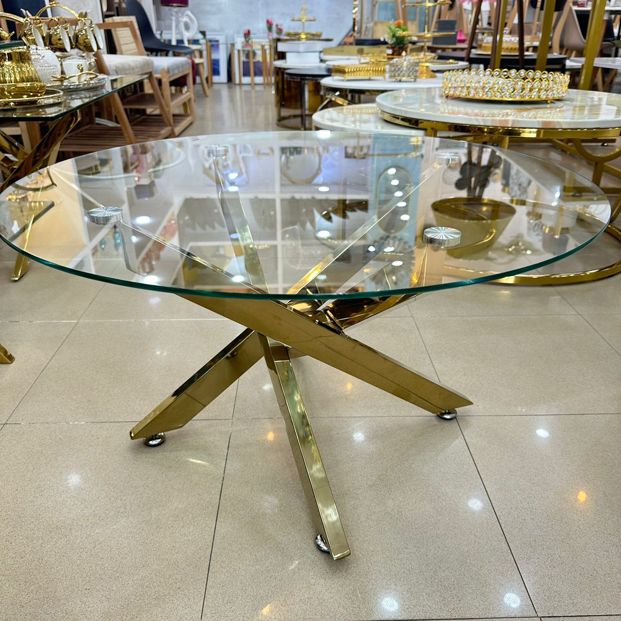 Table basse ronde 80cm pied inoxydable doré
